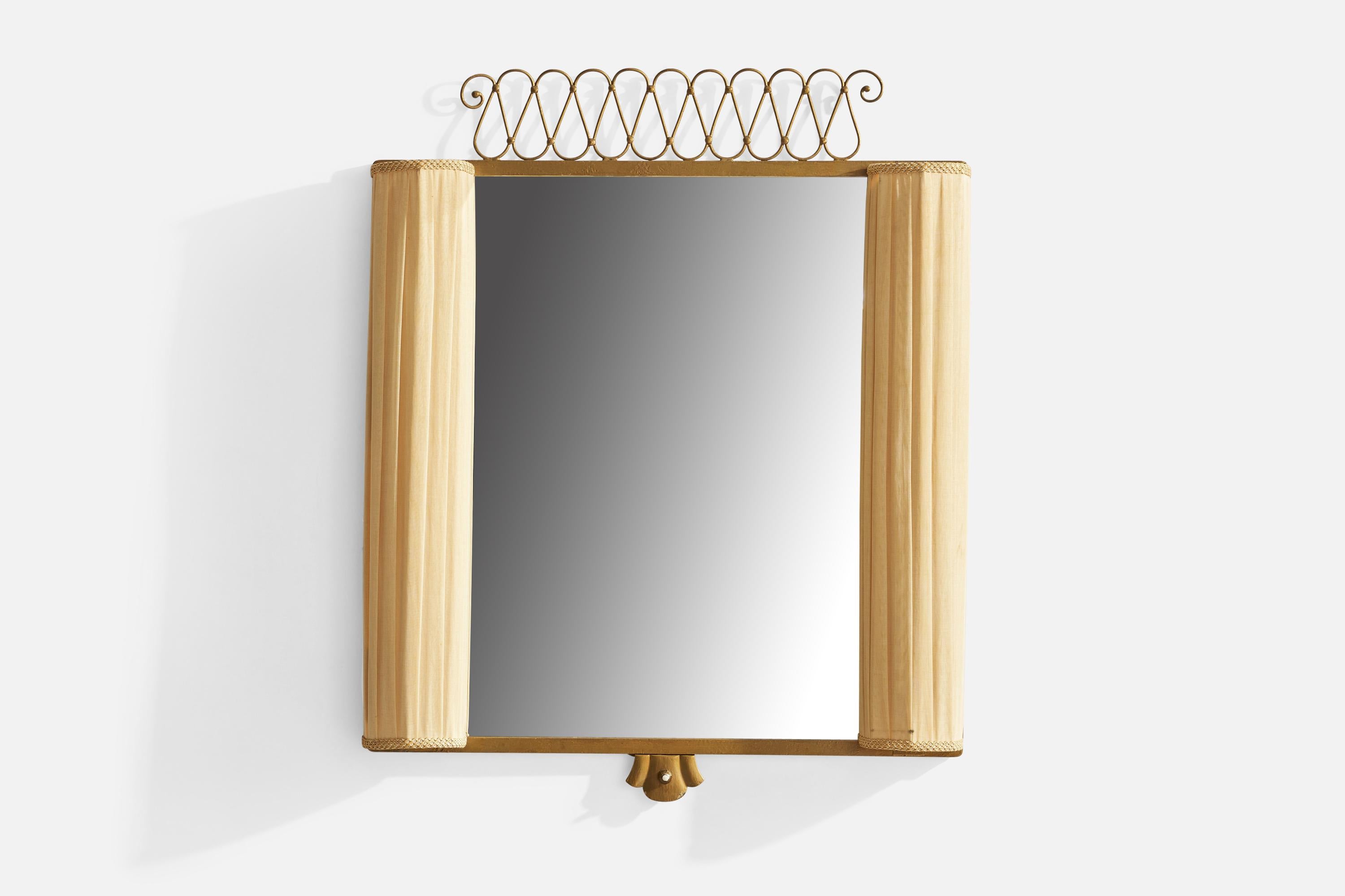 An illuminated beige fabric and gold-painted metal wall mirror designed and produced in Sweden, 1930s.