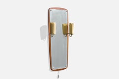 Swedish Designer, Illuminated Wall Mirror, Teak, Brass, Resin, Sweden, 1950s