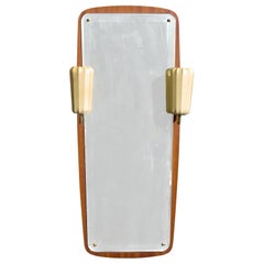 Swedish Designer, Illuminated Wall Mirror, Teak, Brass, Resin, Sweden, 1950s