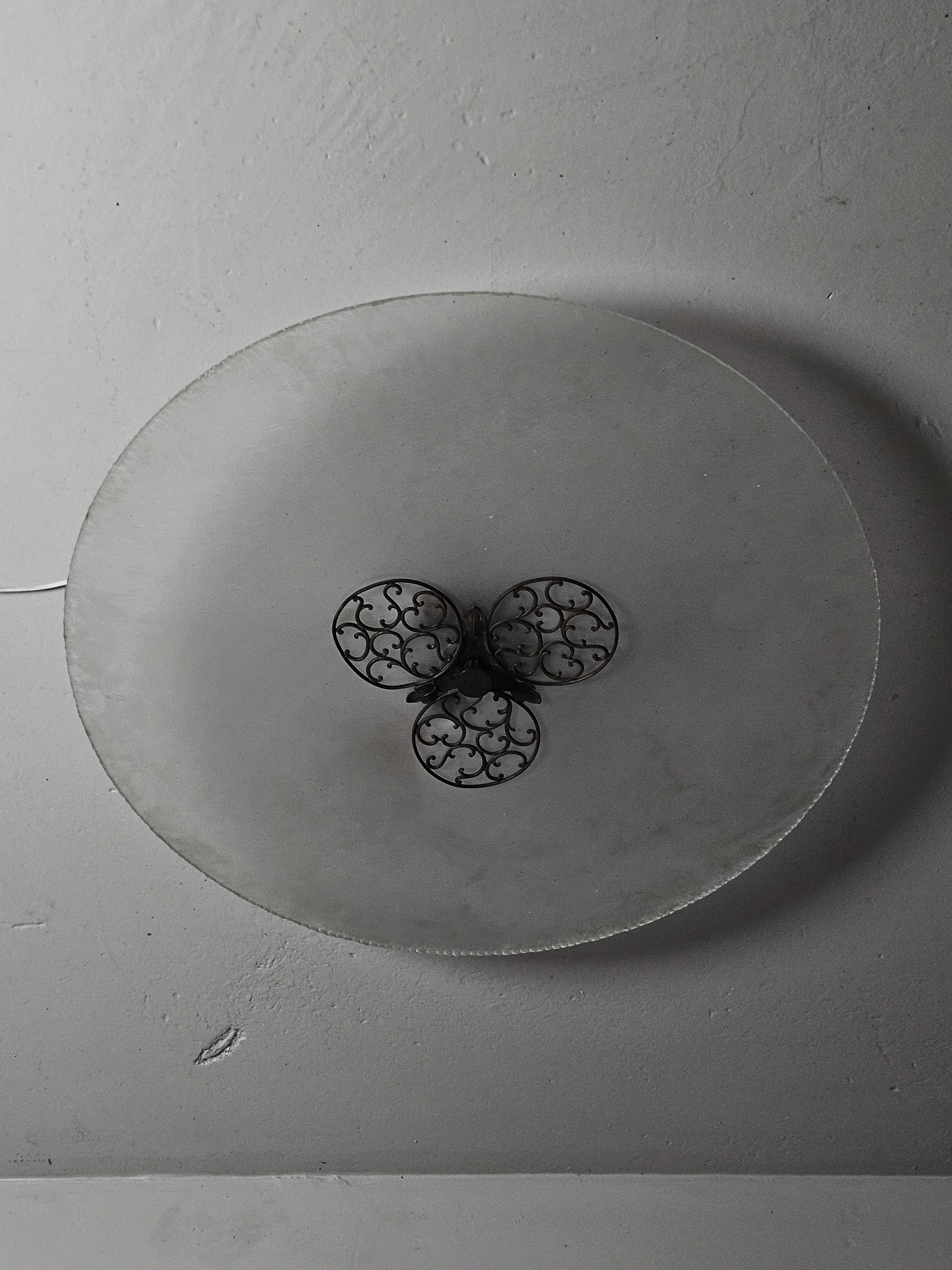20th Century Swedish designer large glass and copper flush mount, 1930s For Sale