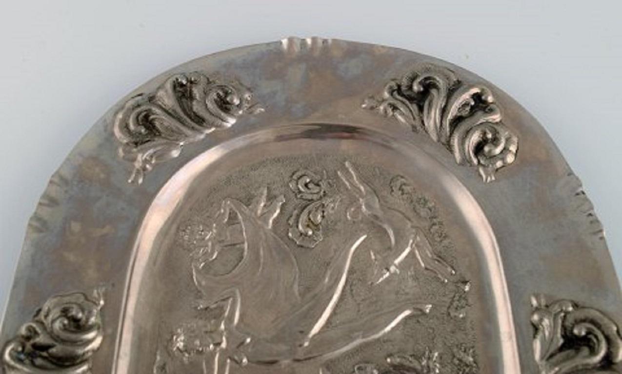 20th Century Swedish Designer, Large Oval Serving Dish in Metal with Classicist Hunting Scene For Sale