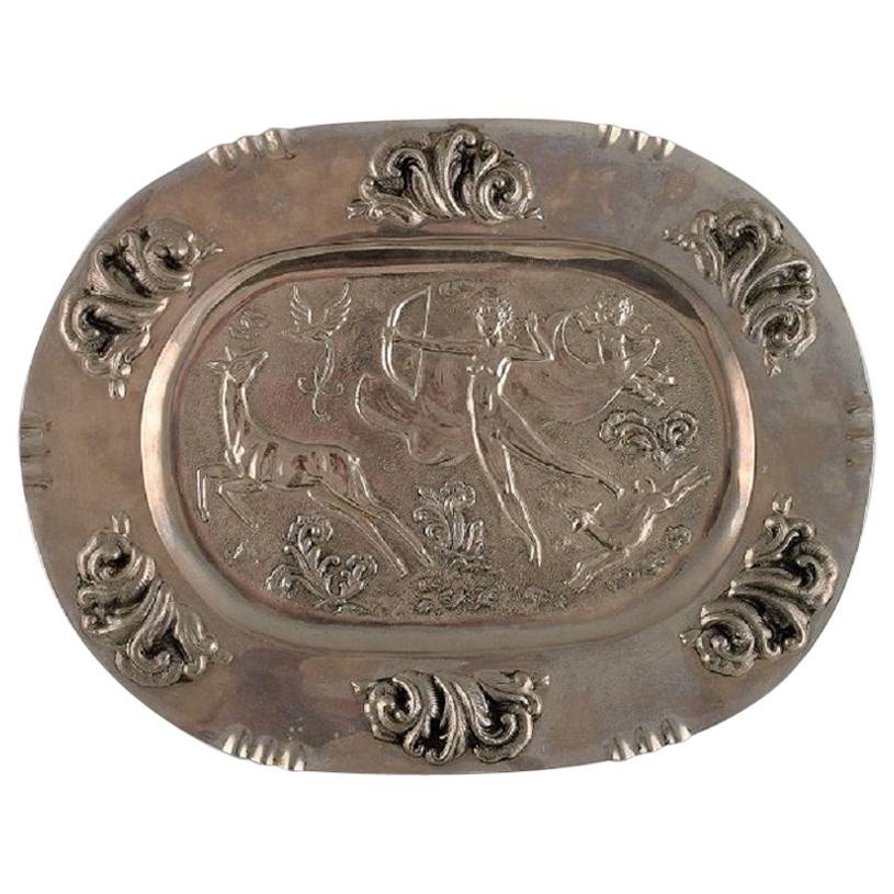 Swedish Designer, Large Oval Serving Dish in Metal with Classicist Hunting Scene For Sale