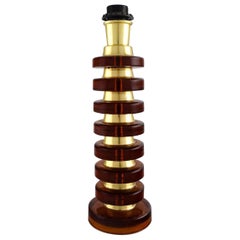 Vintage Swedish Designer, Large Table Lamp in Amber Colored Art Glass and Brass, 1970s