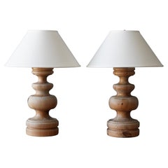Vintage Swedish Designer, Large Table Lamps, Solid Turned Pine, Sweden, 1970s