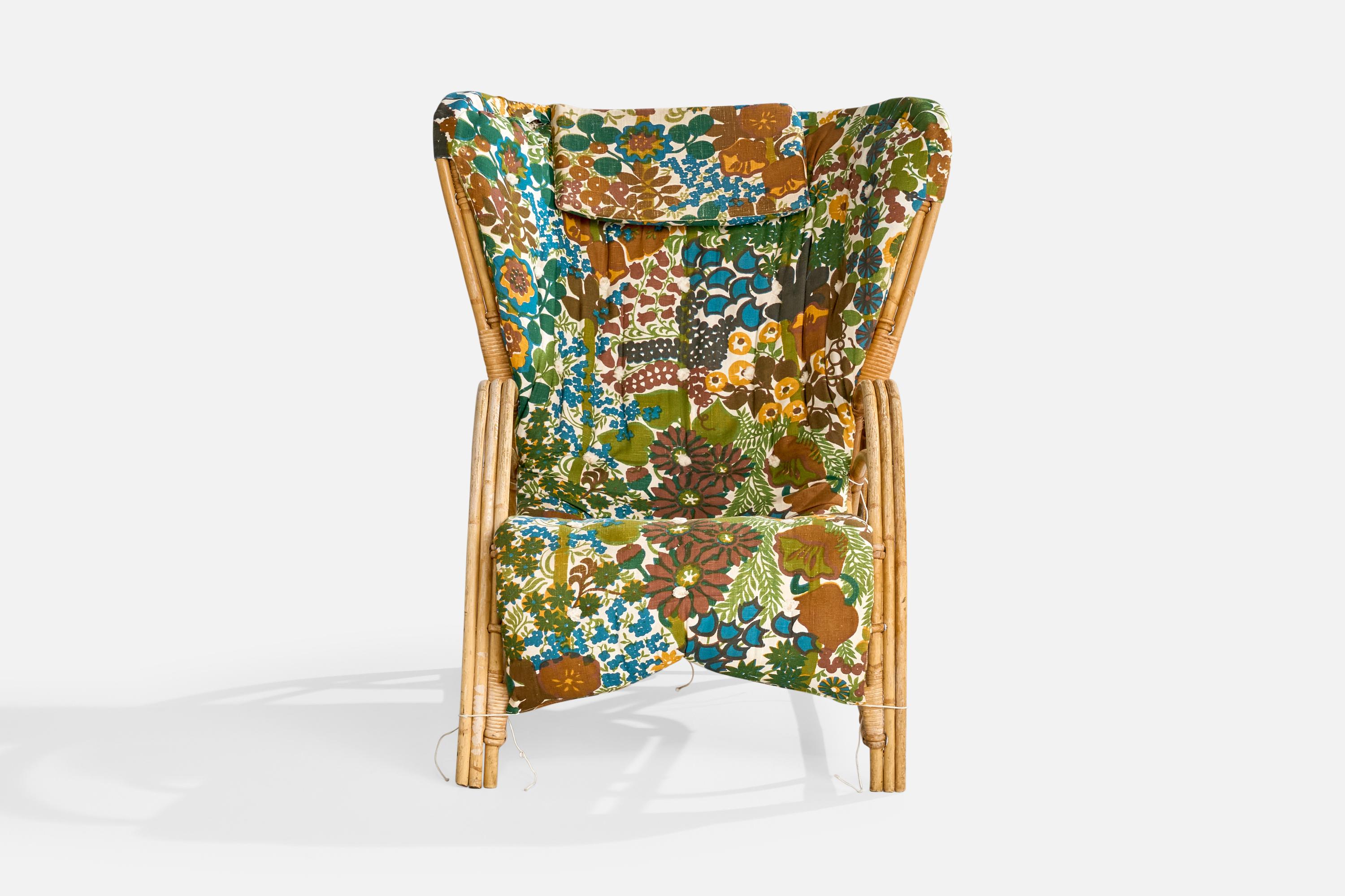 Scandinave moderne Designer suédois, fauteuil de salon, bambou, rotin, tissu, Suède, années 1940 en vente