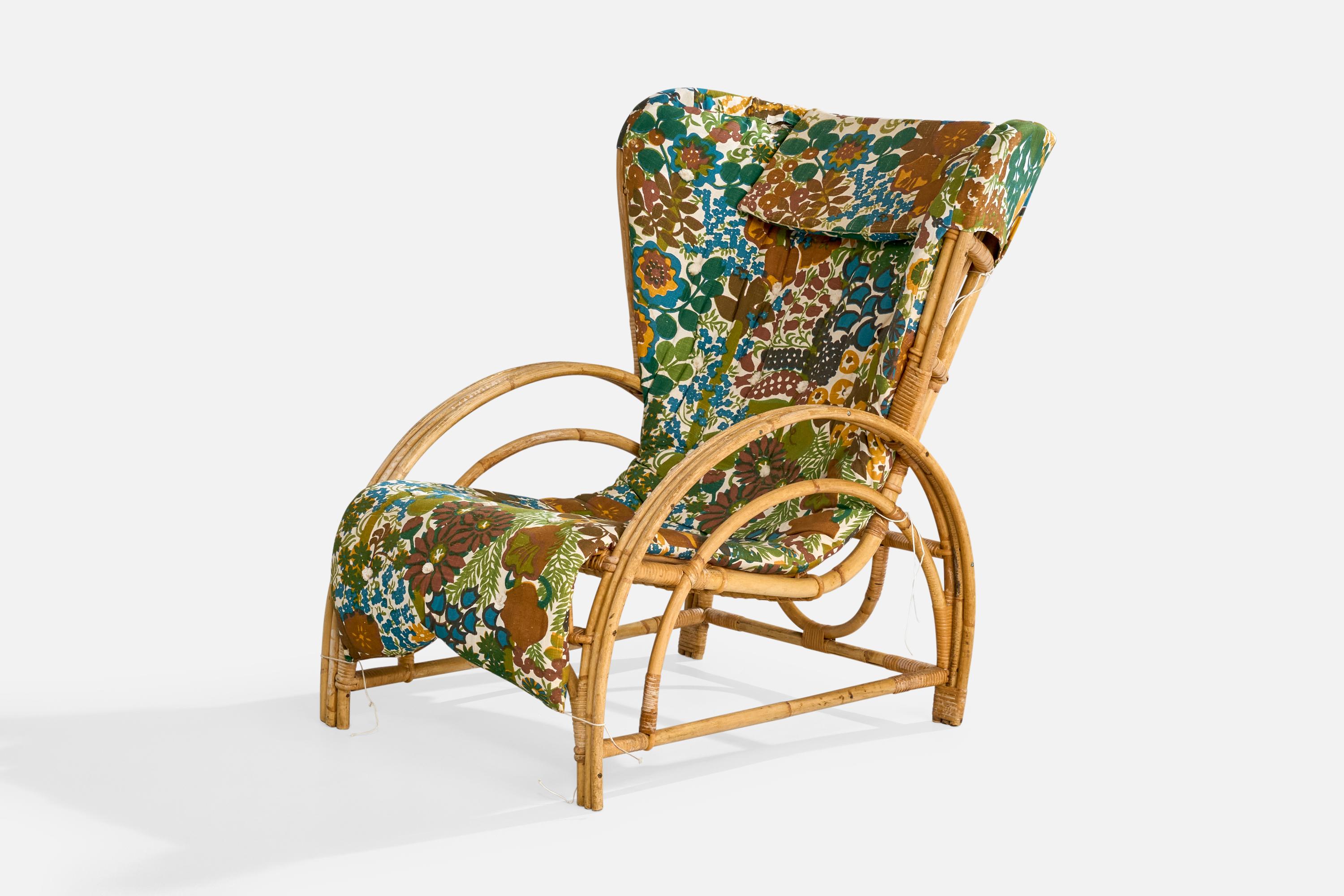 Suédois Designer suédois, fauteuil de salon, bambou, rotin, tissu, Suède, années 1940 en vente