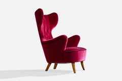 Swedish Designer, Lounge Chair, Beech, Velvet, Sweden, 1940s
