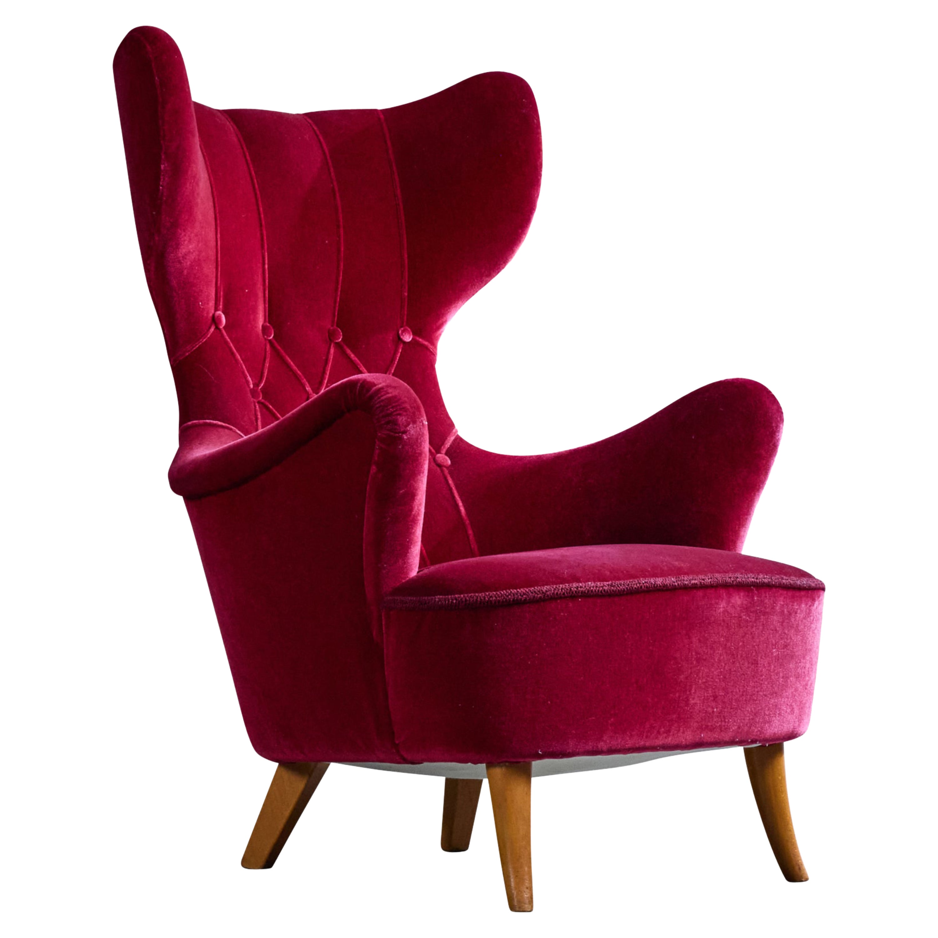 Swedish Designer, Lounge Chair, Beech, Velvet, Sweden, 1940s For Sale