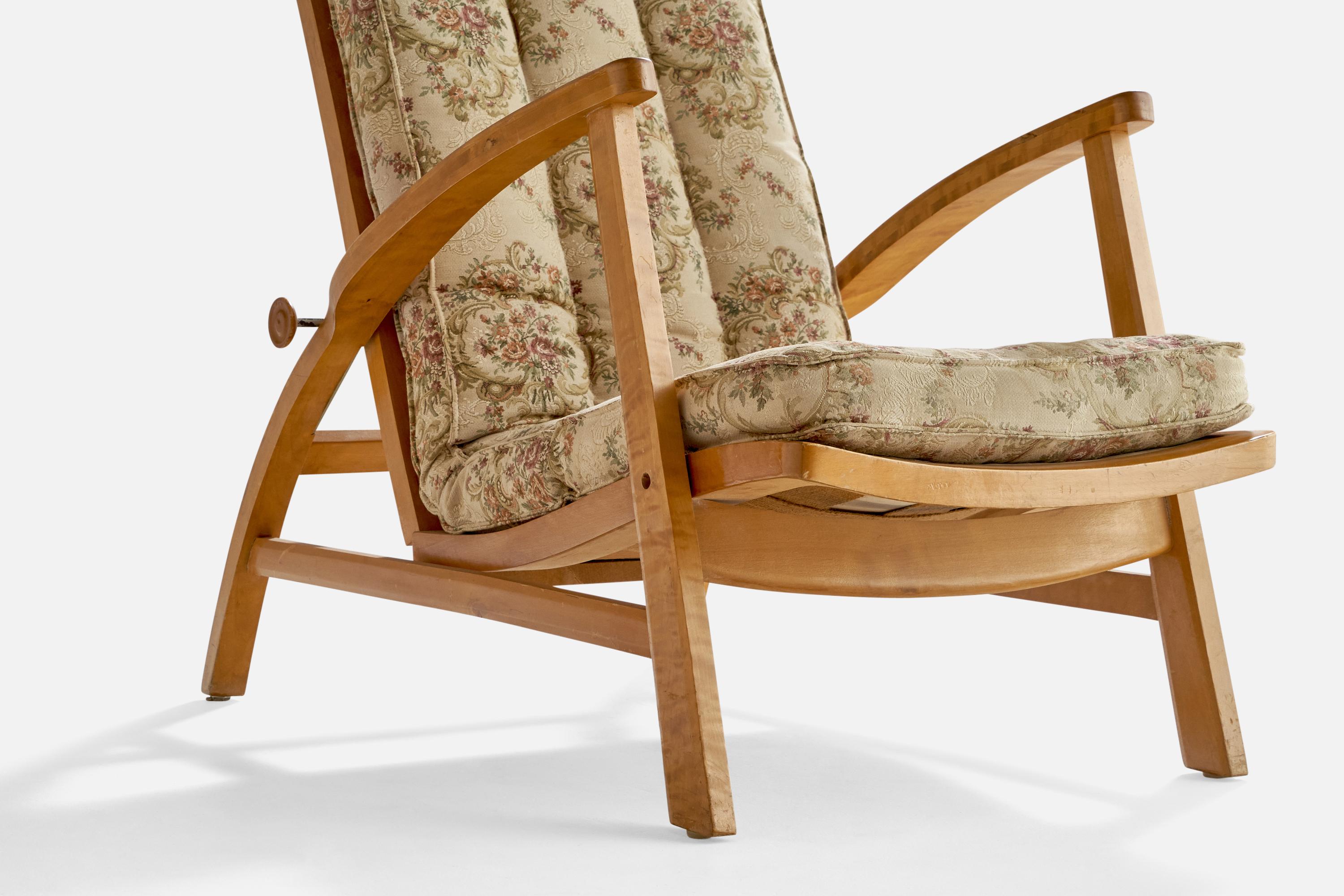 Swedish Designer, Lounge Chair, Birch, Fabric, Sweden, 1940s For Sale 5