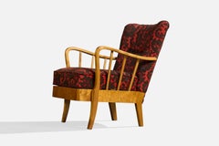 Swedish Designer, Lounge Chair, Birch, Fabric, Sweden, 1940s