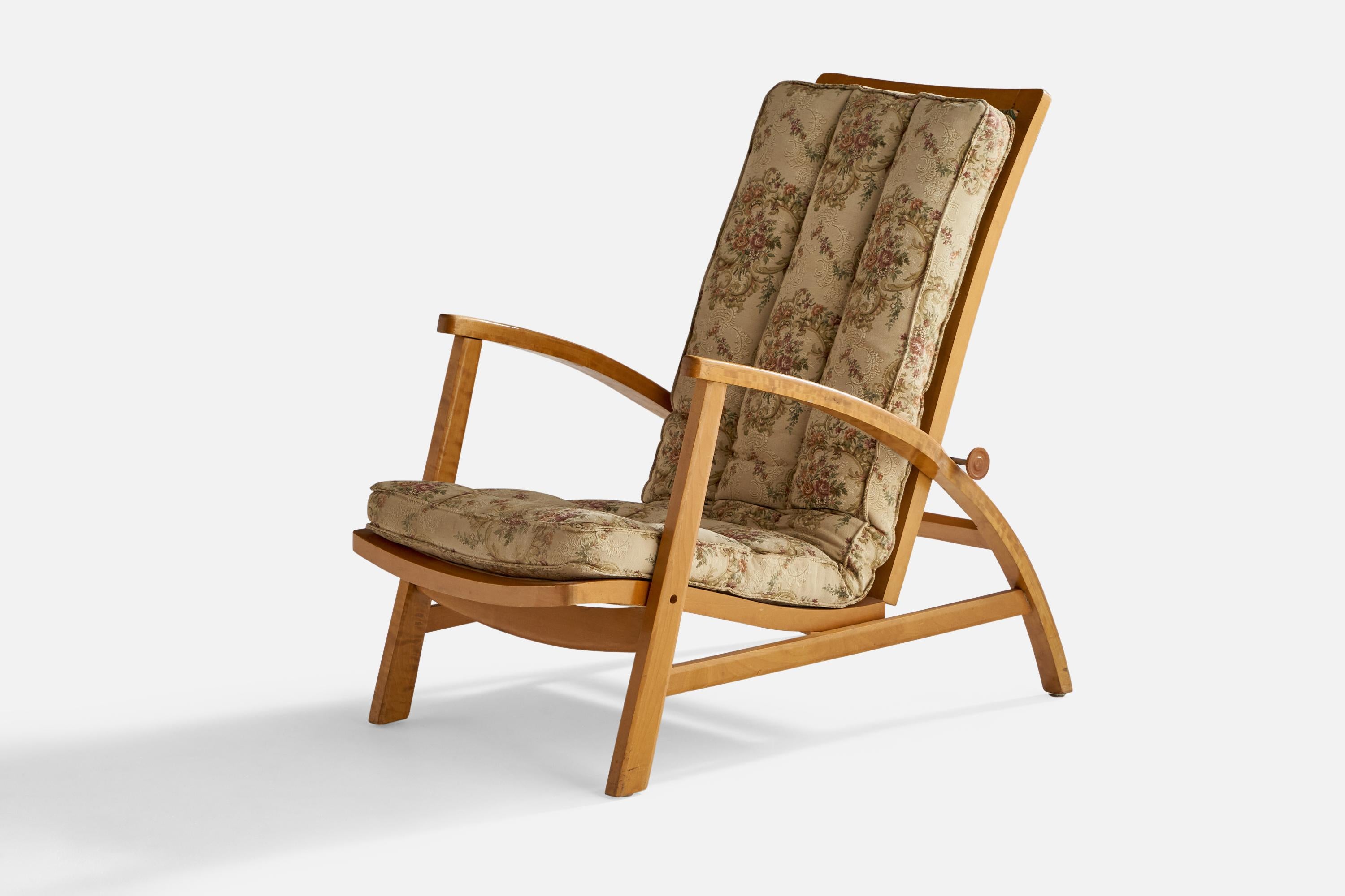 Swedish Designer, Lounge Chair, Birch, Fabric, Sweden, 1940s For Sale 1