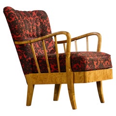 Swedish Designer, Lounge Chair, Birch, Fabric, Sweden, 1940s