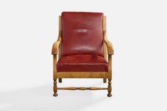 Swedish Designer, Lounge Chair, Birch, Leather, Sweden, 1920s