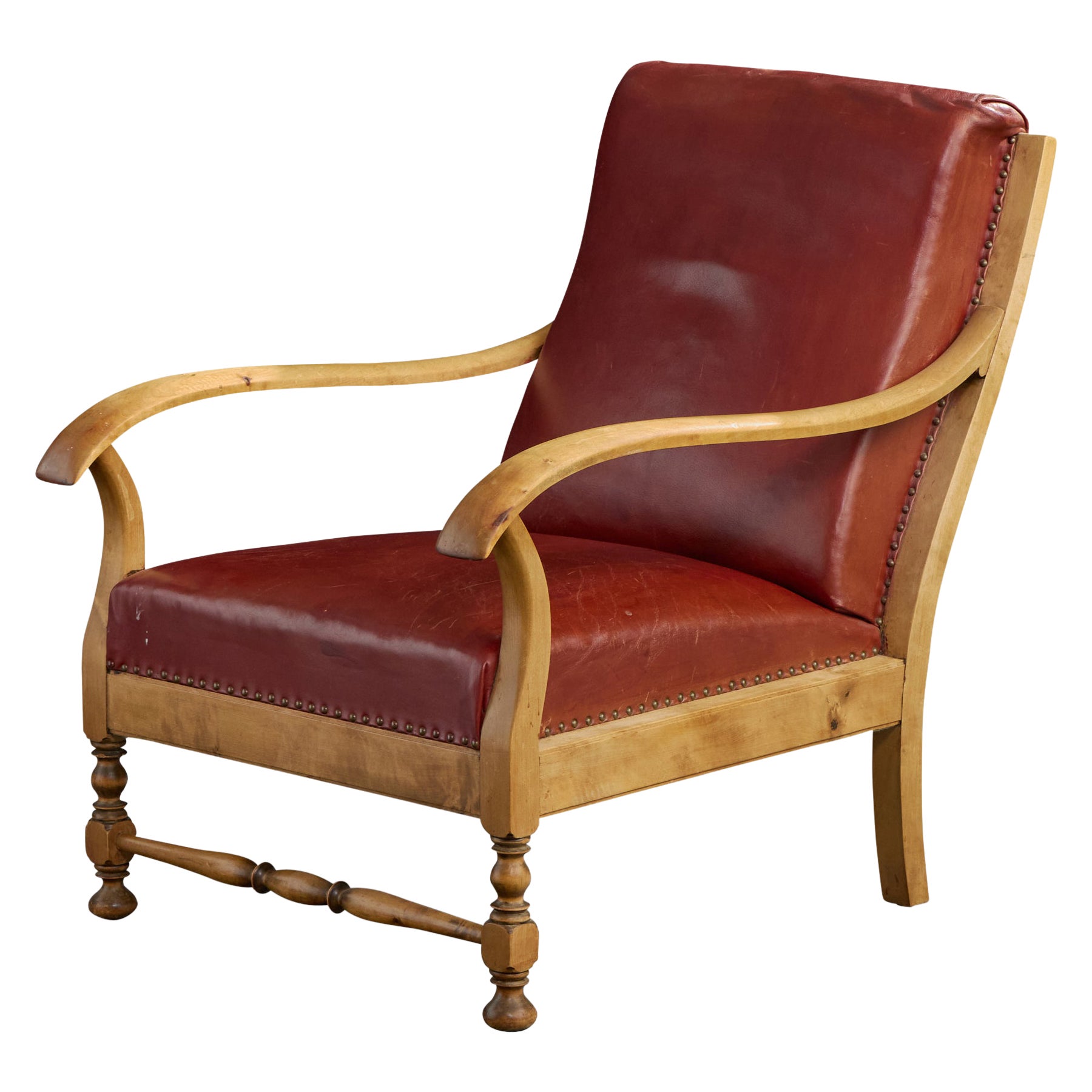 Swedish Designer, Lounge Chair, Birch, Leather, Sweden, 1920s For Sale