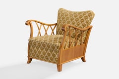 Swedish Designer, Lounge Chair, Elm, Fabric, Sweden, 1930s