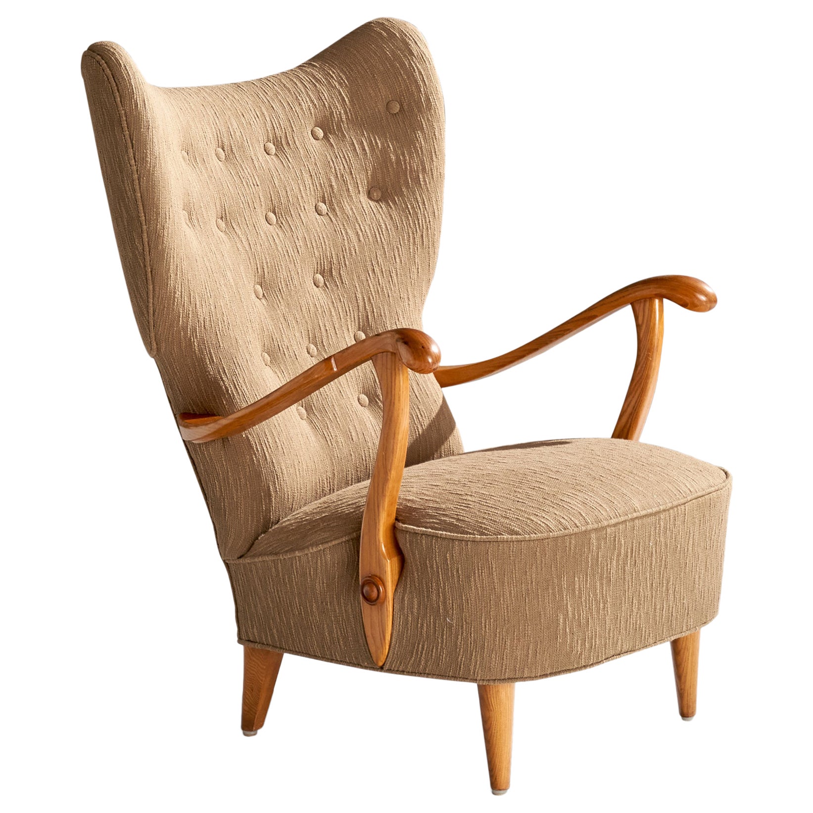 Swedish Designer, Lounge Chair, Fabric, Elm, Sweden, 1940s