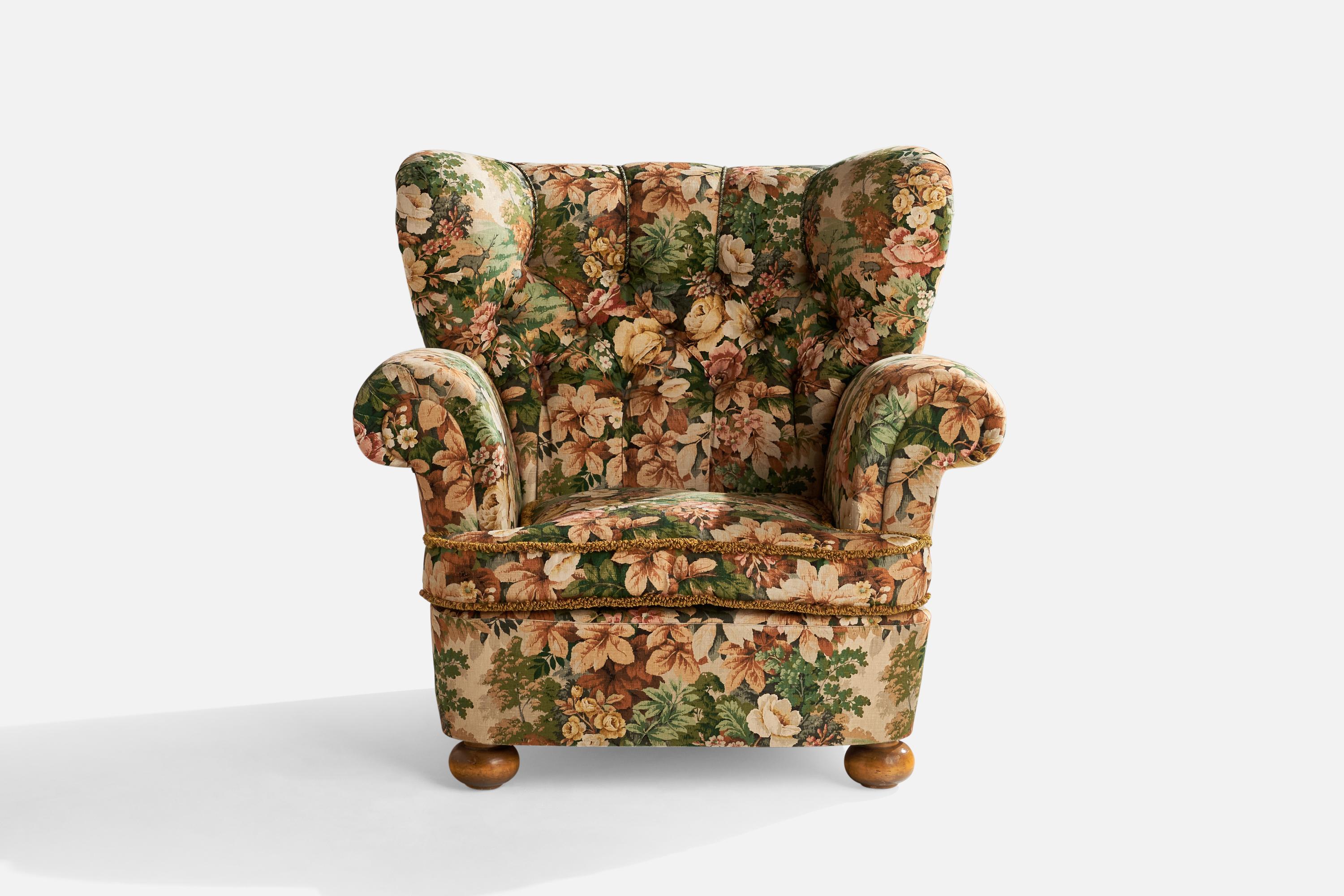 Scandinavian Modern Swedish Designer, Lounge Chair, Fabric, Wood, Sweden, 1930s For Sale