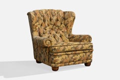 Swedish Designer, Lounge Chair, Fabric, Wood, Sweden, 1940s