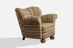 Schwedischer Designer, Loungesessel, Stoff, Holz, Schweden, 1940er Jahre