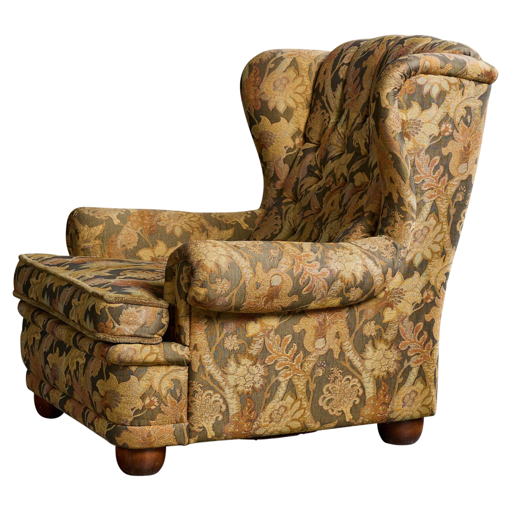 Swedish Designer, Lounge Chair, Fabric, Wood, Sweden, 1940s For Sale