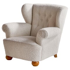 Swedish Designer, Lounge Chair, Oak, Fabric, Sweden, 1940s
