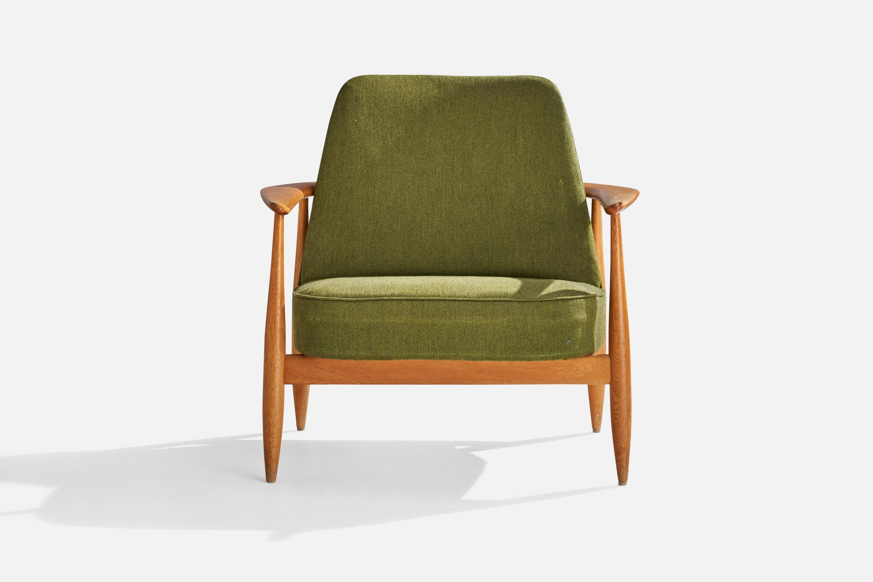 Mid-20th Century Swedish Designer, Lounge Chair, Oak, Fabric, Sweden, 1950s For Sale