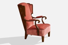Swedish Designer, Lounge Chair, Oak, Velvet, Sweden, 1930s
