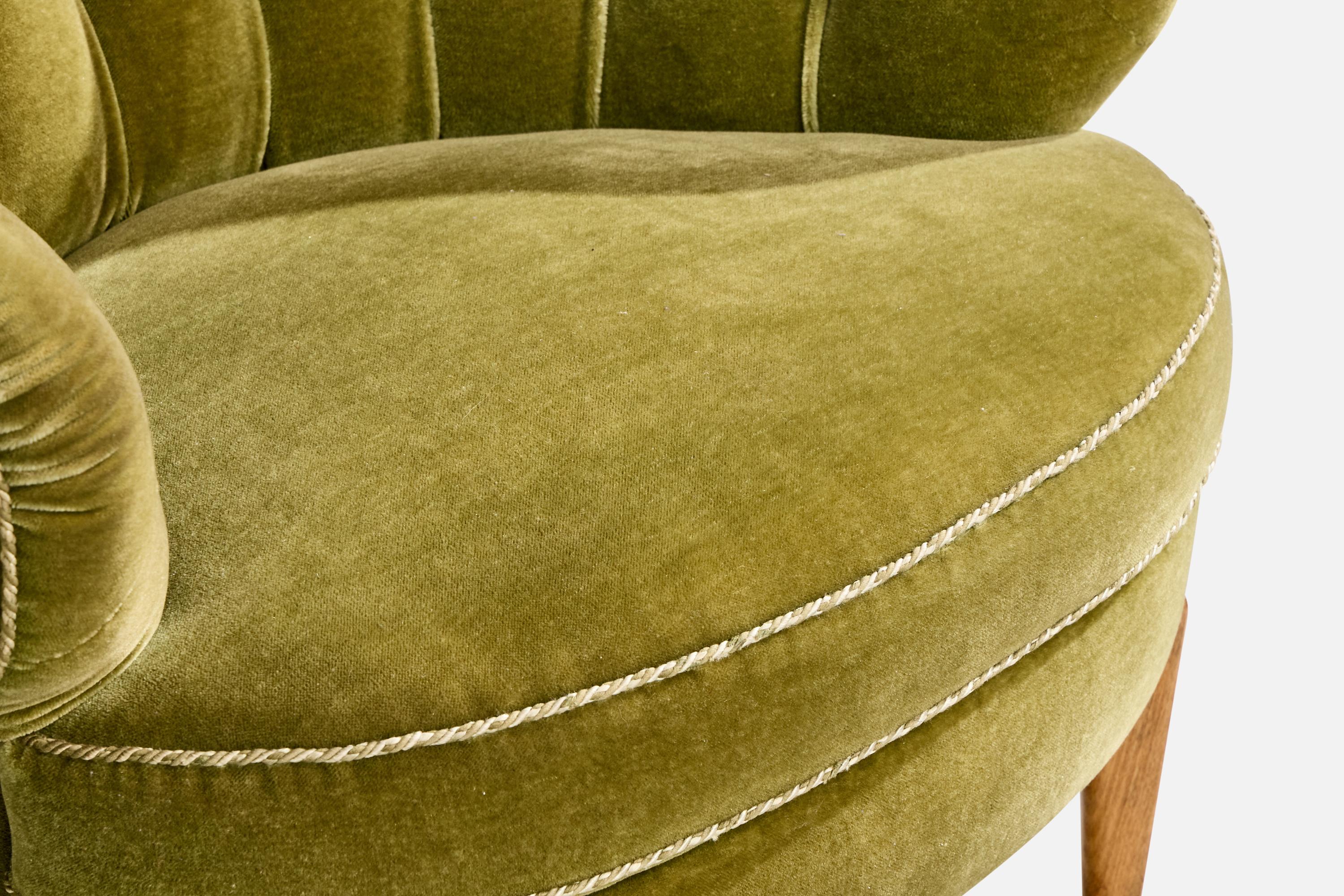 Swedish Designer, Lounge Chair, Oak, Velvet, Sweden, 1940s For Sale 5