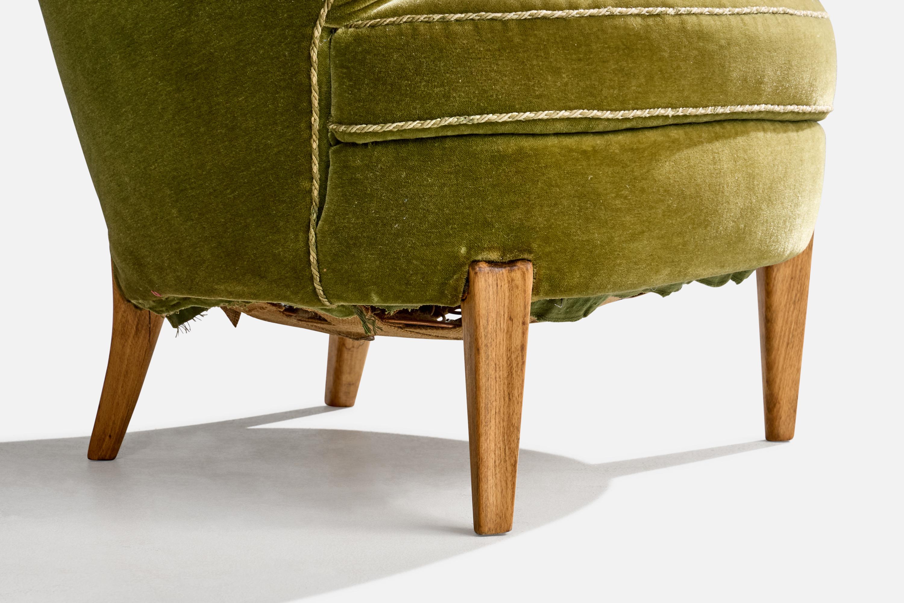 Swedish Designer, Lounge Chair, Oak, Velvet, Sweden, 1940s For Sale 6