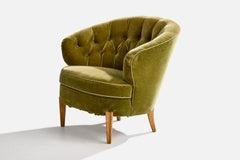 Swedish Designer, Lounge Chair, Oak, Velvet, Sweden, 1940s