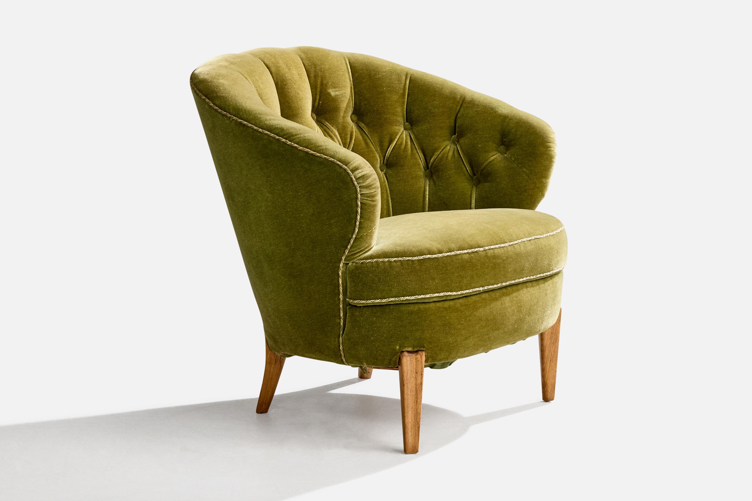 Scandinavian Modern Swedish Designer, Lounge Chair, Oak, Velvet, Sweden, 1940s For Sale