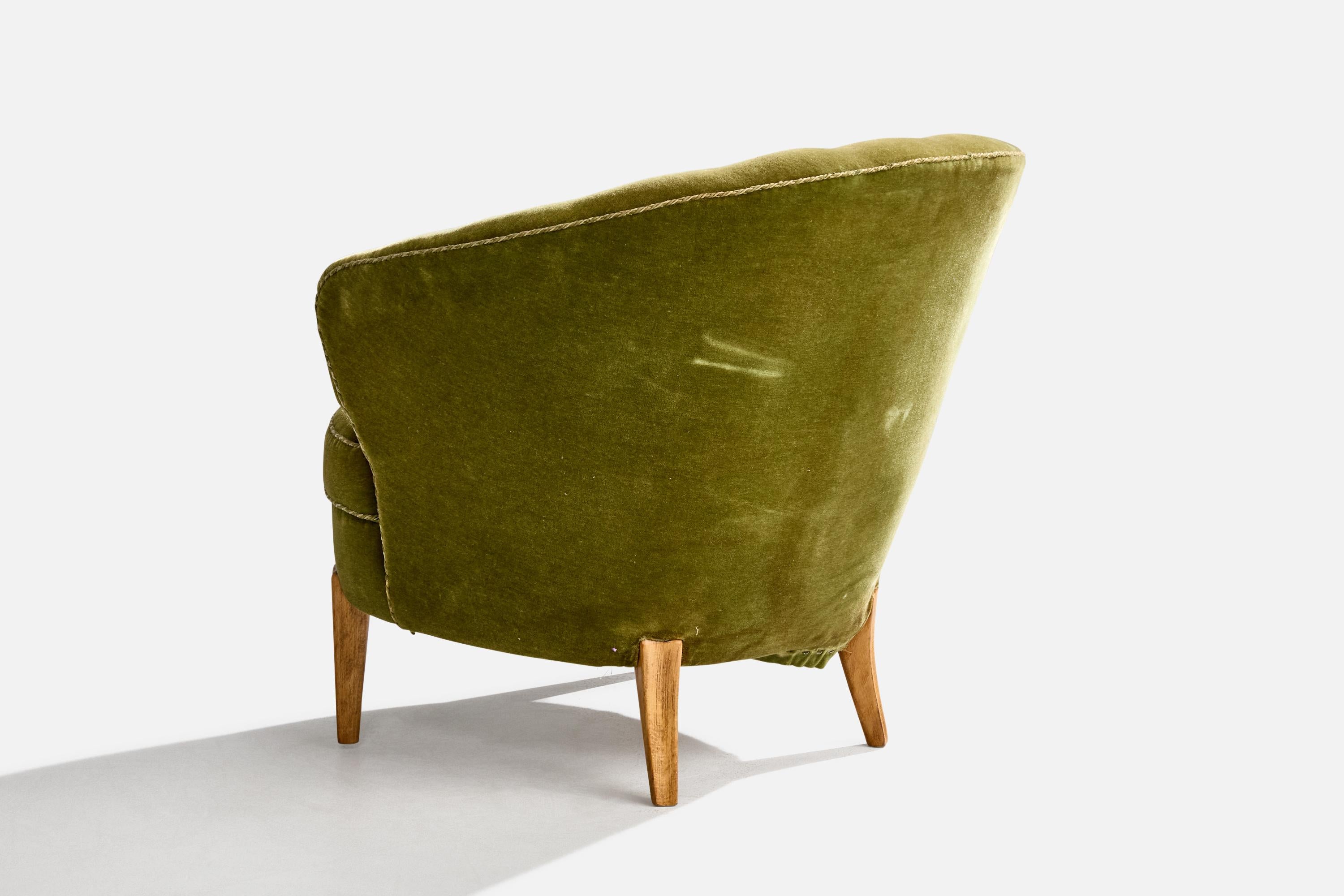 Mid-20th Century Swedish Designer, Lounge Chair, Oak, Velvet, Sweden, 1940s For Sale