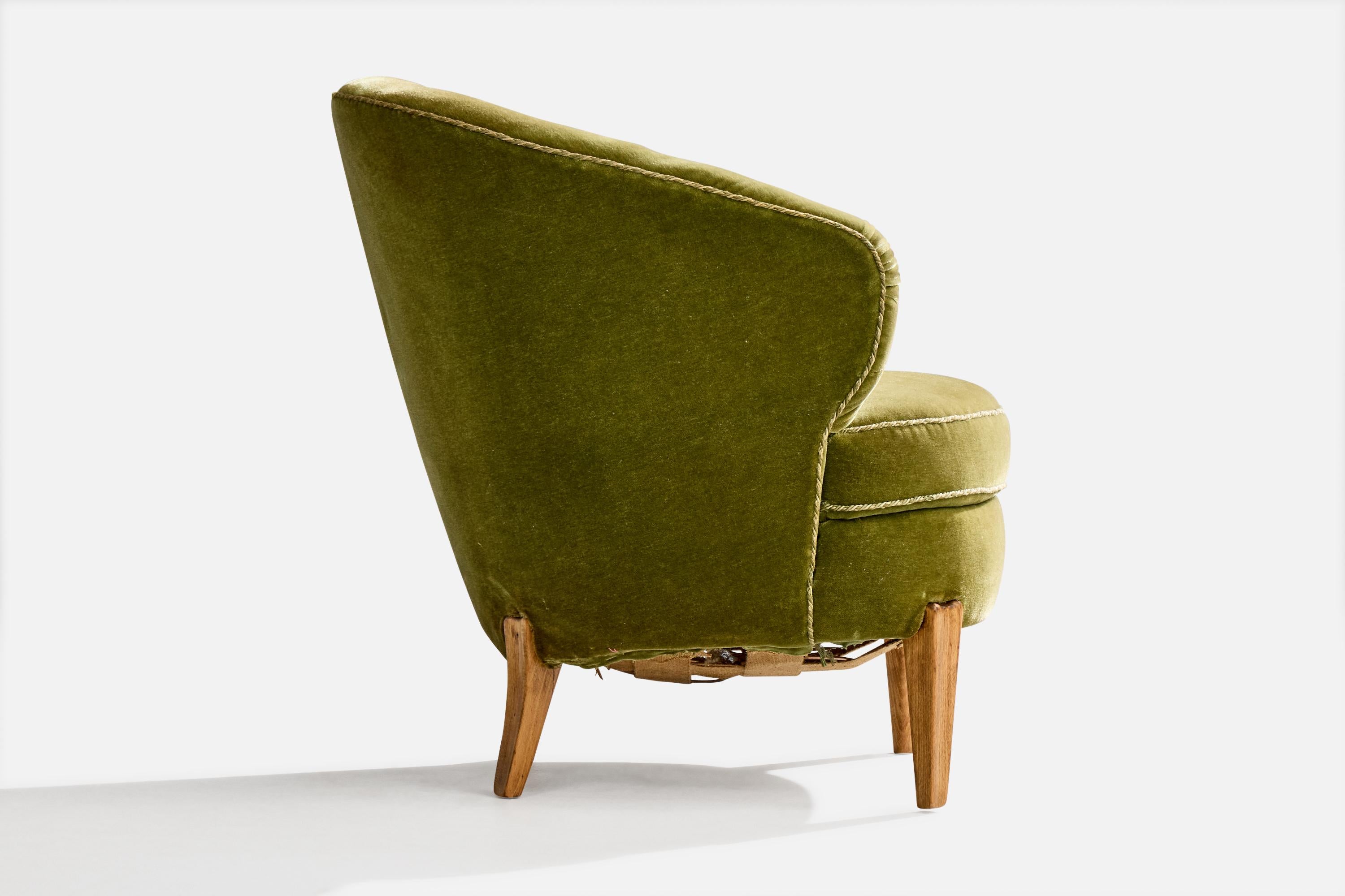 Swedish Designer, Lounge Chair, Oak, Velvet, Sweden, 1940s For Sale 1