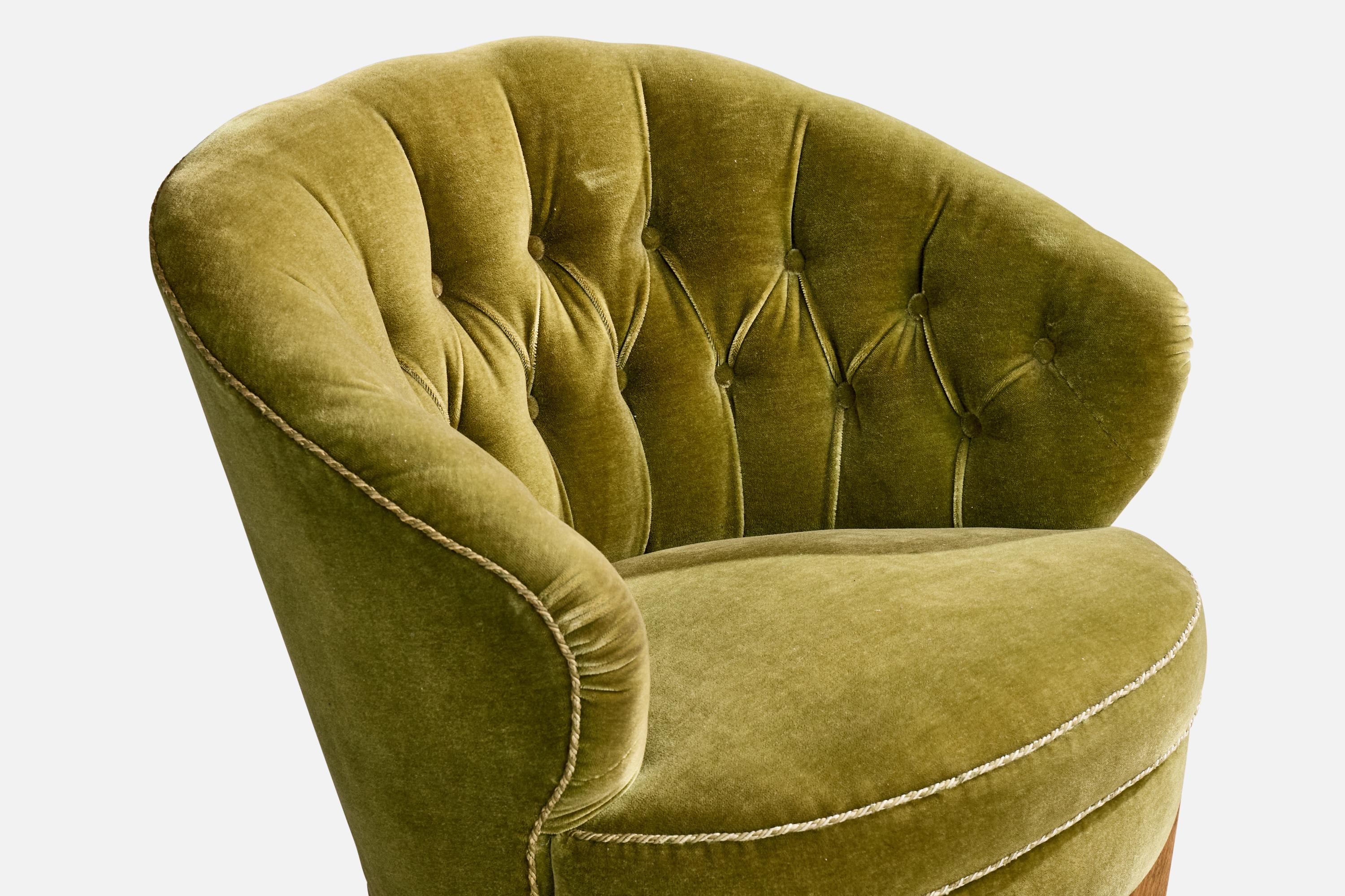 Swedish Designer, Lounge Chair, Oak, Velvet, Sweden, 1940s For Sale 2