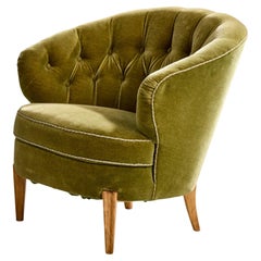 Swedish Designer, Lounge Chair, Oak, Velvet, Sweden, 1940s