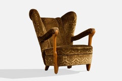 Swedish Designer, Lounge Chair, Pine, Velvet, Sweden, 1940s