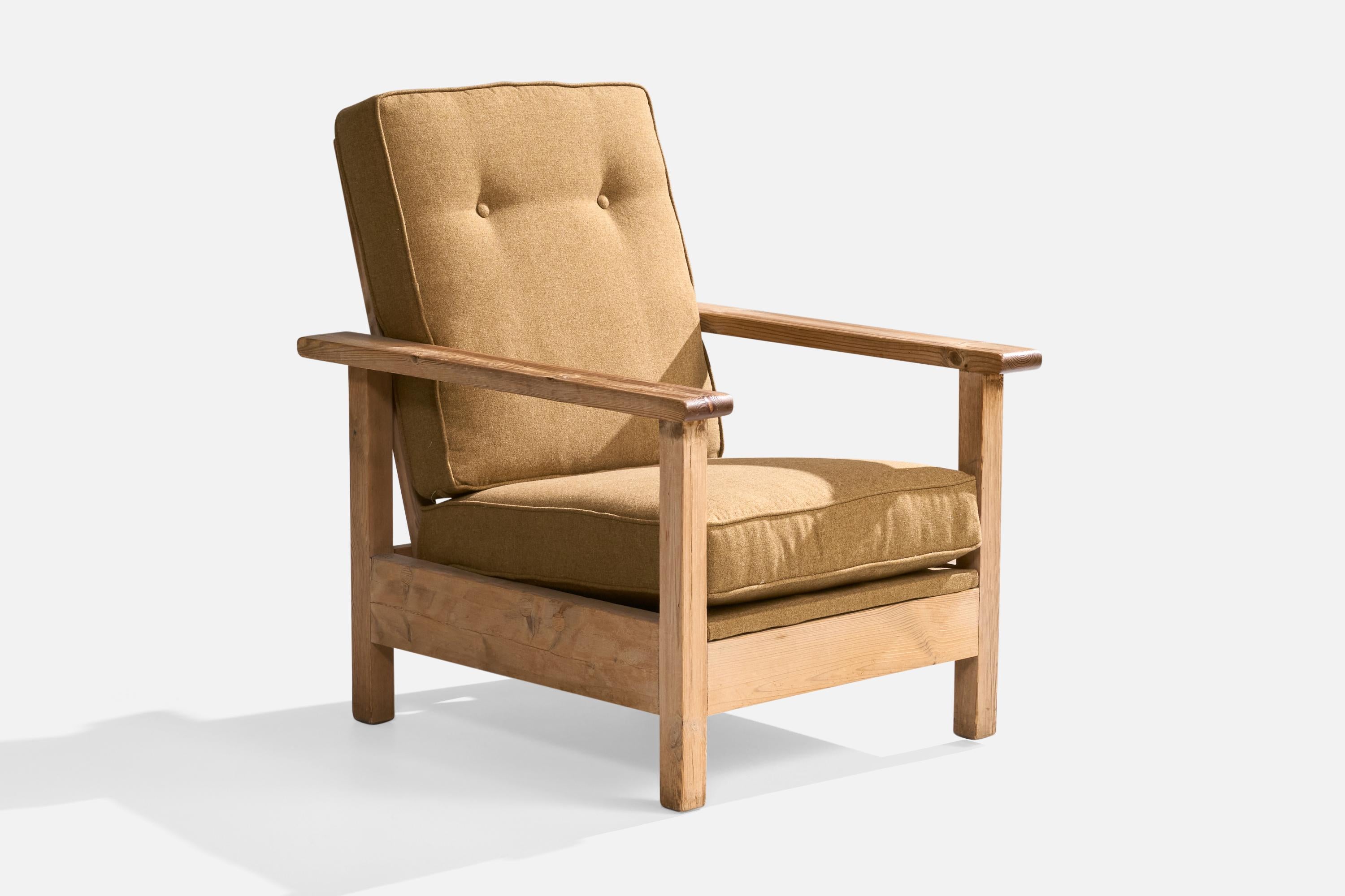 A pine and beige velvet lounge chair designed and produced in Sweden, c. 1940s.

Reupholstered in brand new fabric.

Dimensions: 34.25” H x 26.25” W x 30.5” D

Seat Height: 15.25”

All upholstered furniture can be reupholstered upon request for an
