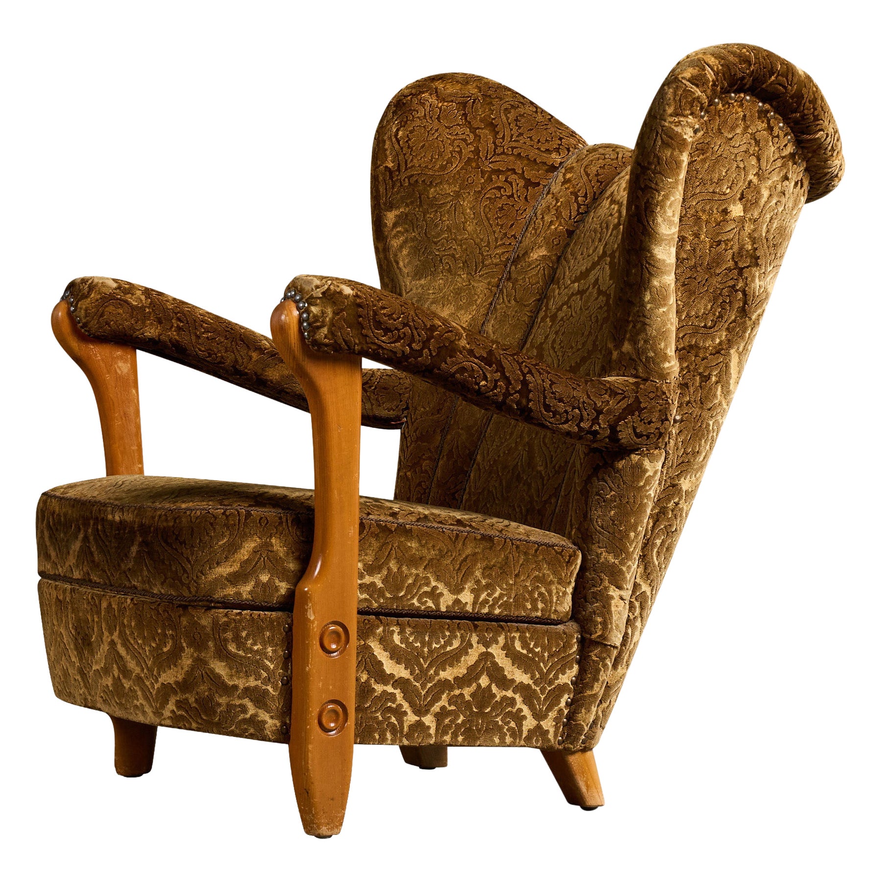 Swedish Designer, Lounge Chair, Pine, Velvet, Sweden, 1940s For Sale