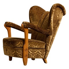 Swedish Designer, Lounge Chair, Pine, Velvet, Sweden, 1940s