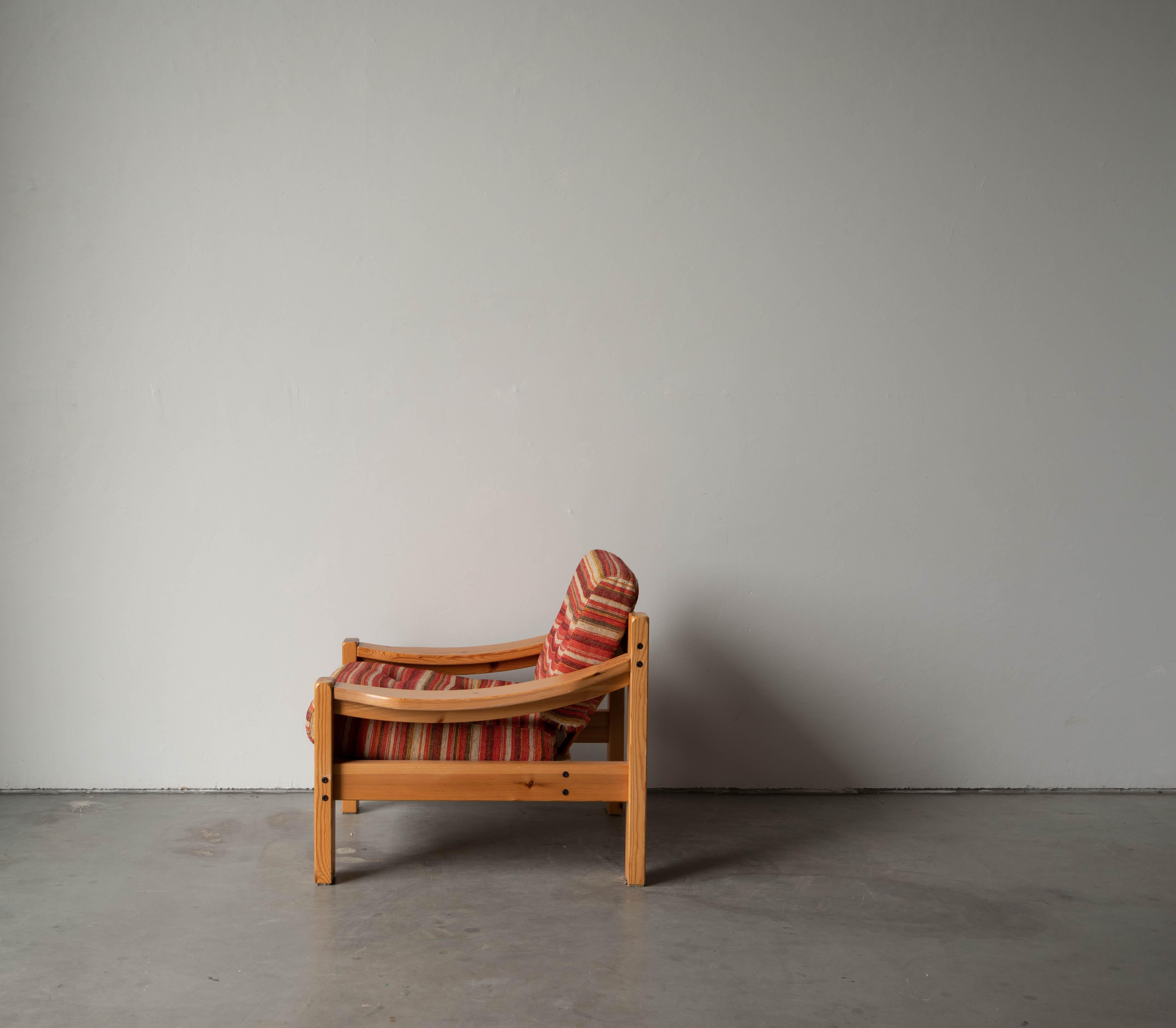 Modern Swedish Designer, Lounge Chair, Solid Pine, Fabric, Sweden, 1970s
