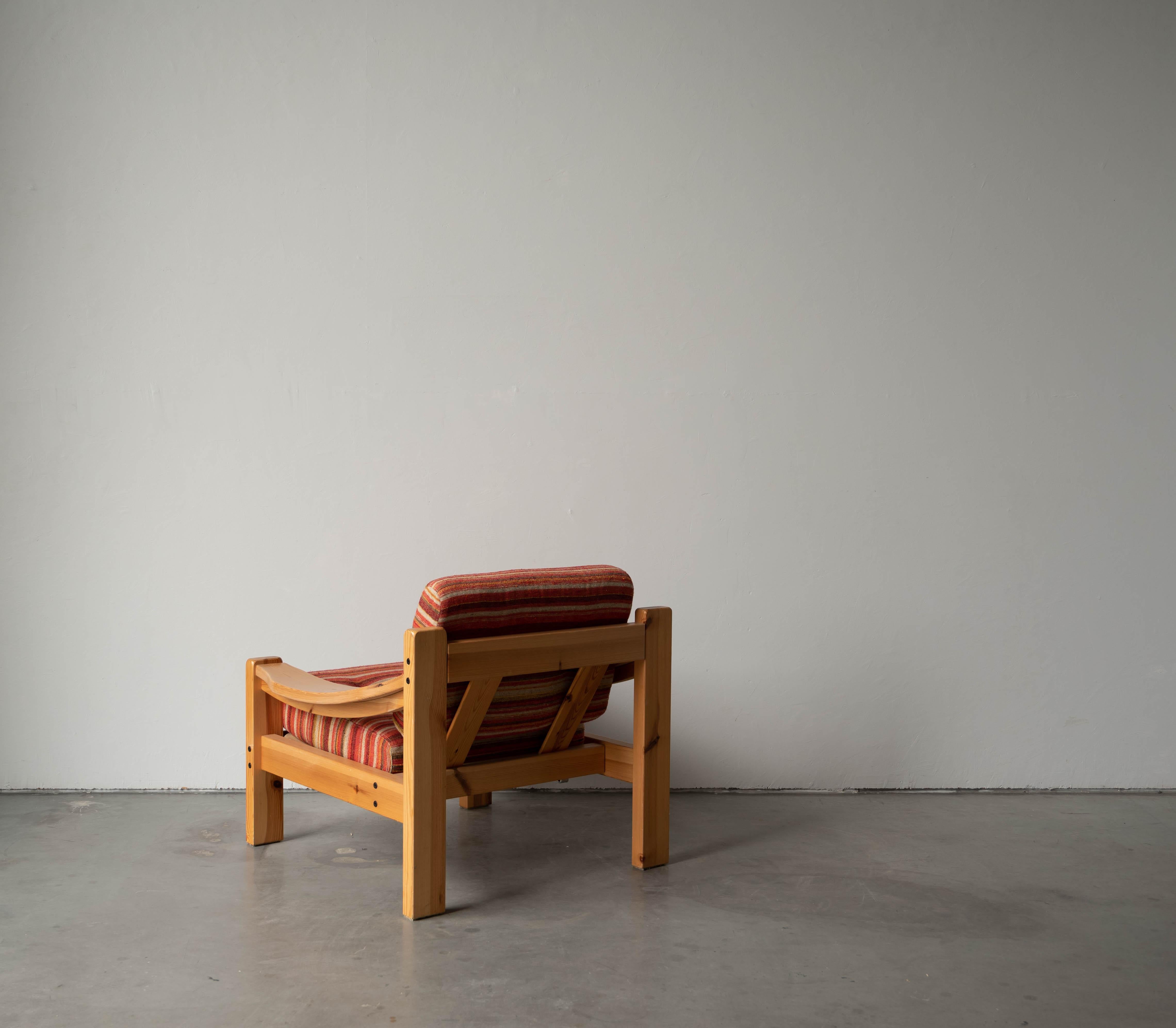 Danish Swedish Designer, Lounge Chair, Solid Pine, Fabric, Sweden, 1970s