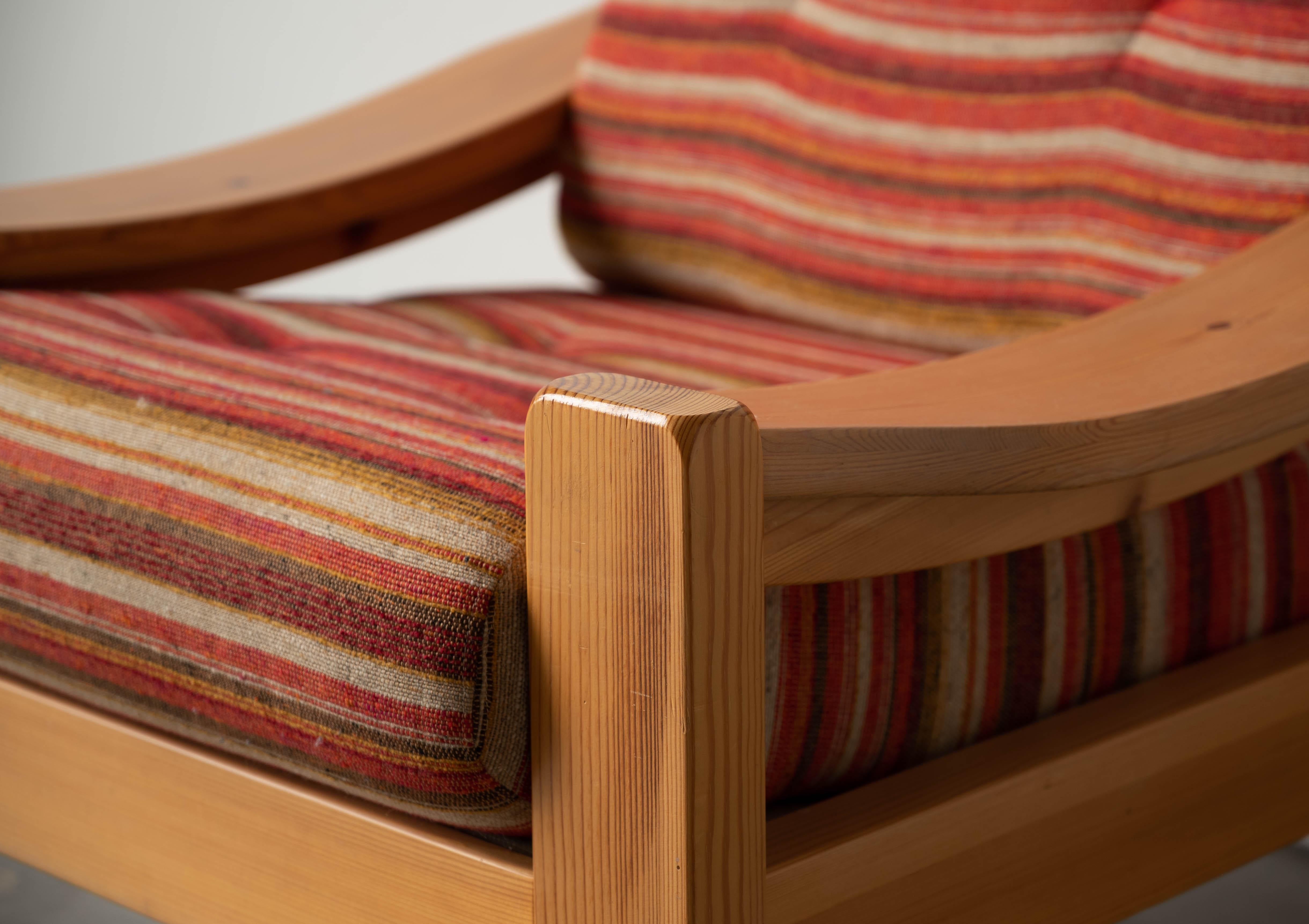 Swedish Designer, Lounge Chair, Solid Pine, Fabric, Sweden, 1970s 2