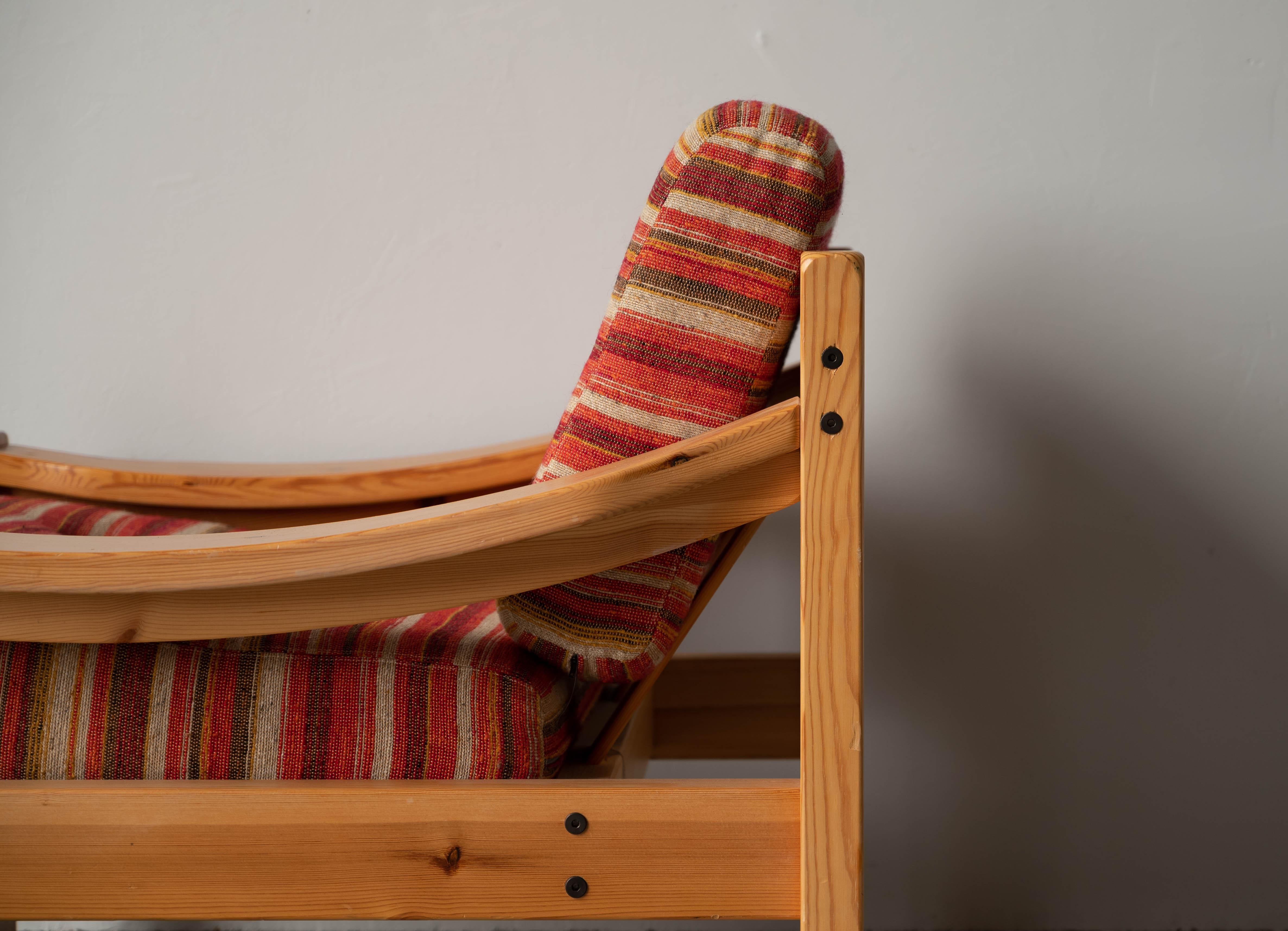 Swedish Designer, Lounge Chair, Solid Pine, Fabric, Sweden, 1970s 3