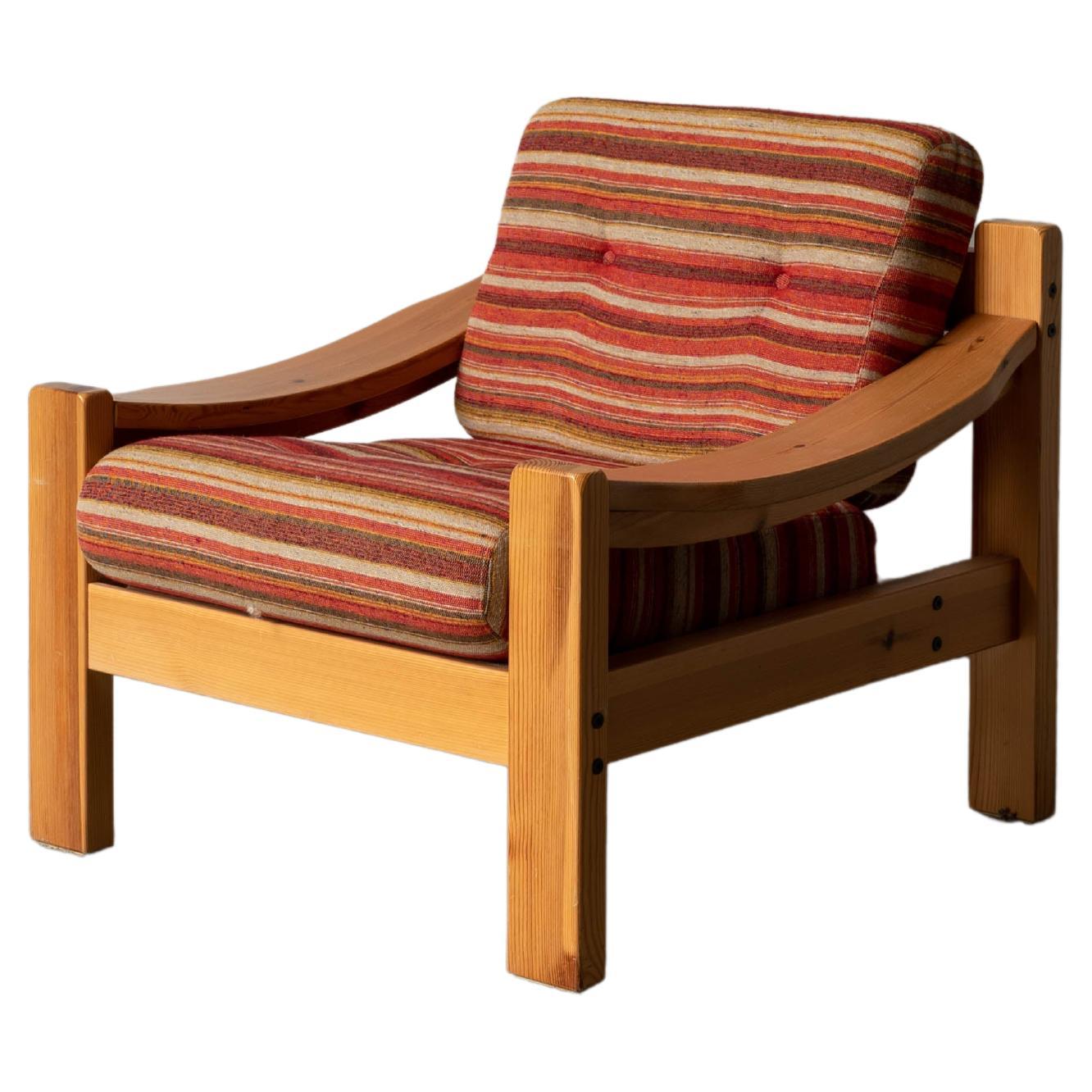 Swedish Designer, Lounge Chair, Solid Pine, Fabric, Sweden, 1970s