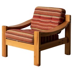 Retro Swedish Designer, Lounge Chair, Solid Pine, Fabric, Sweden, 1970s