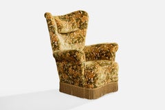 Swedish Designer, Lounge Chair, Velvet, Wood, Sweden, 1930s