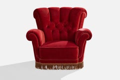 Swedish Designer, Lounge Chair, Velvet, Wood, Sweden, 1930s