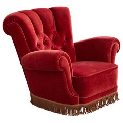 Swedish Designer, Lounge Chair, Velvet, Wood, Sweden, 1930s