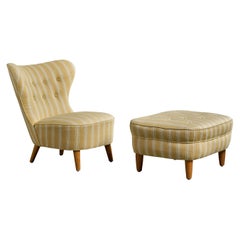 Swedish Designer, Lounge Chair with Ottoman, Fabric, Sweden, 1940s