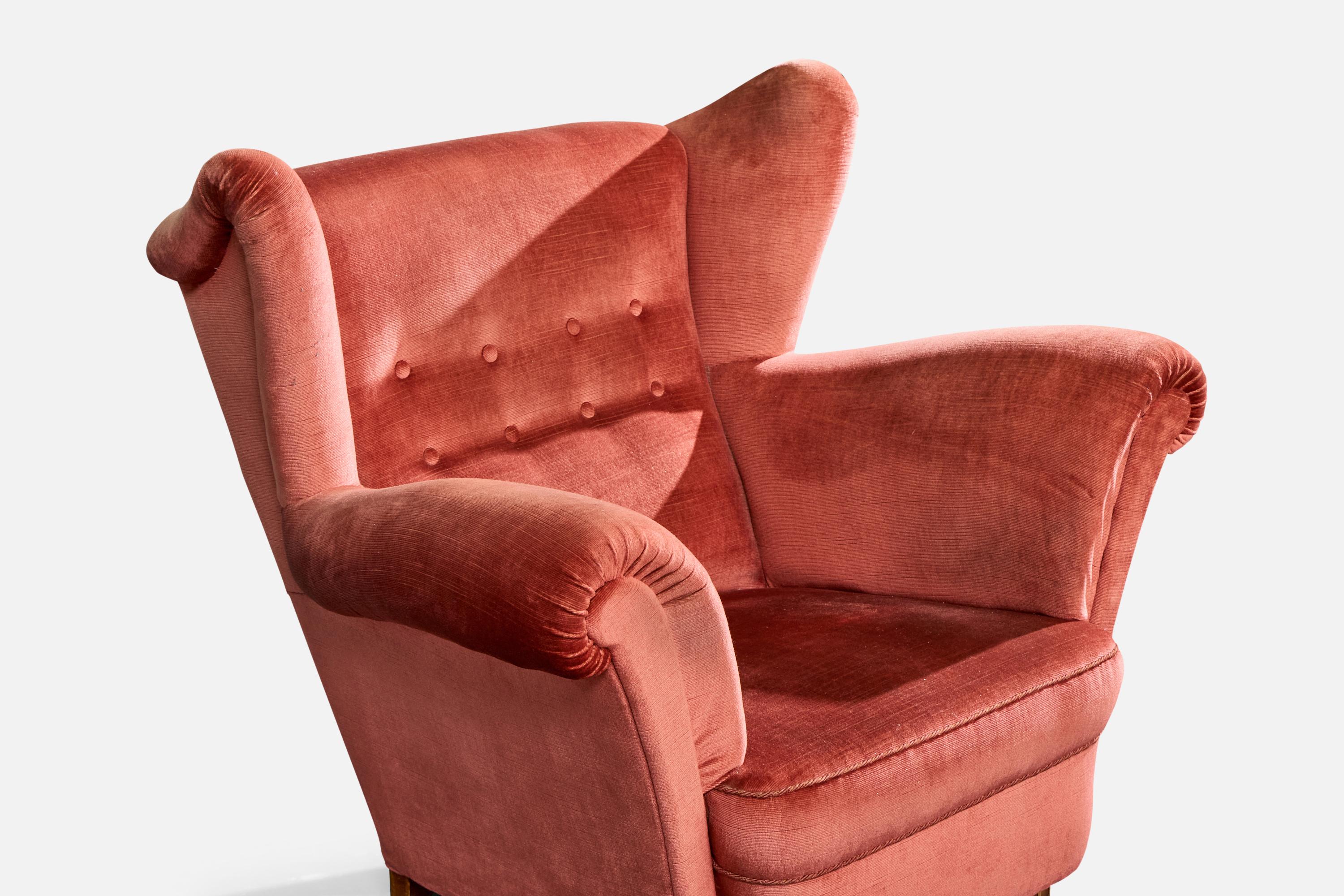 Designer suédois, chaise longue avec pouf, velours, Wood, Suède, années 1940 en vente 3